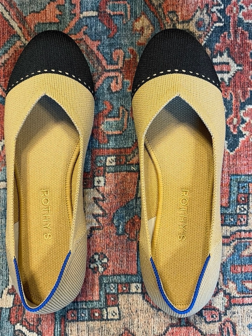 Rothy's Two-Tone Black and Mustard Knit Ballet Flats